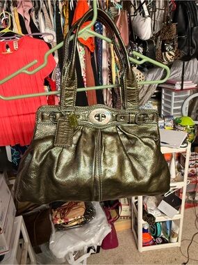 Coach Metallic Olive Green Leather Tote Handbag